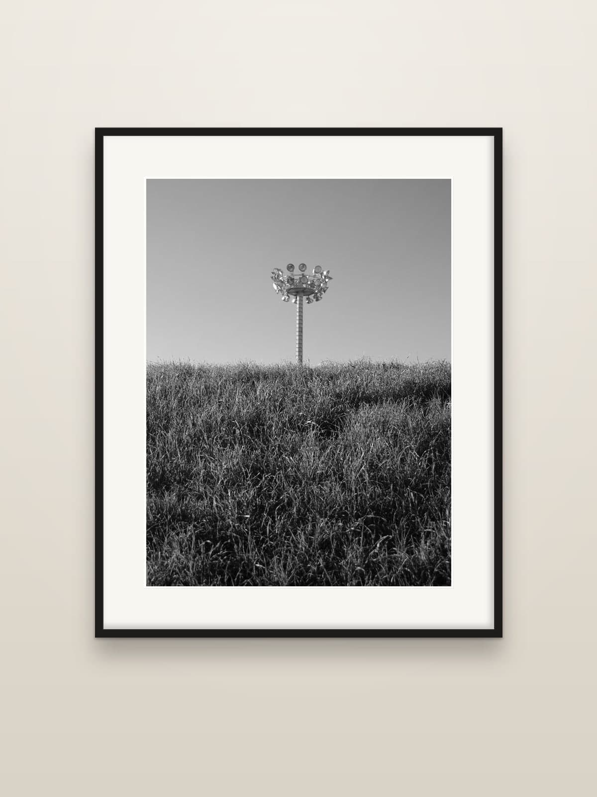 A lone stadium floodlight rising above a field of tall grass, shown as a framed print