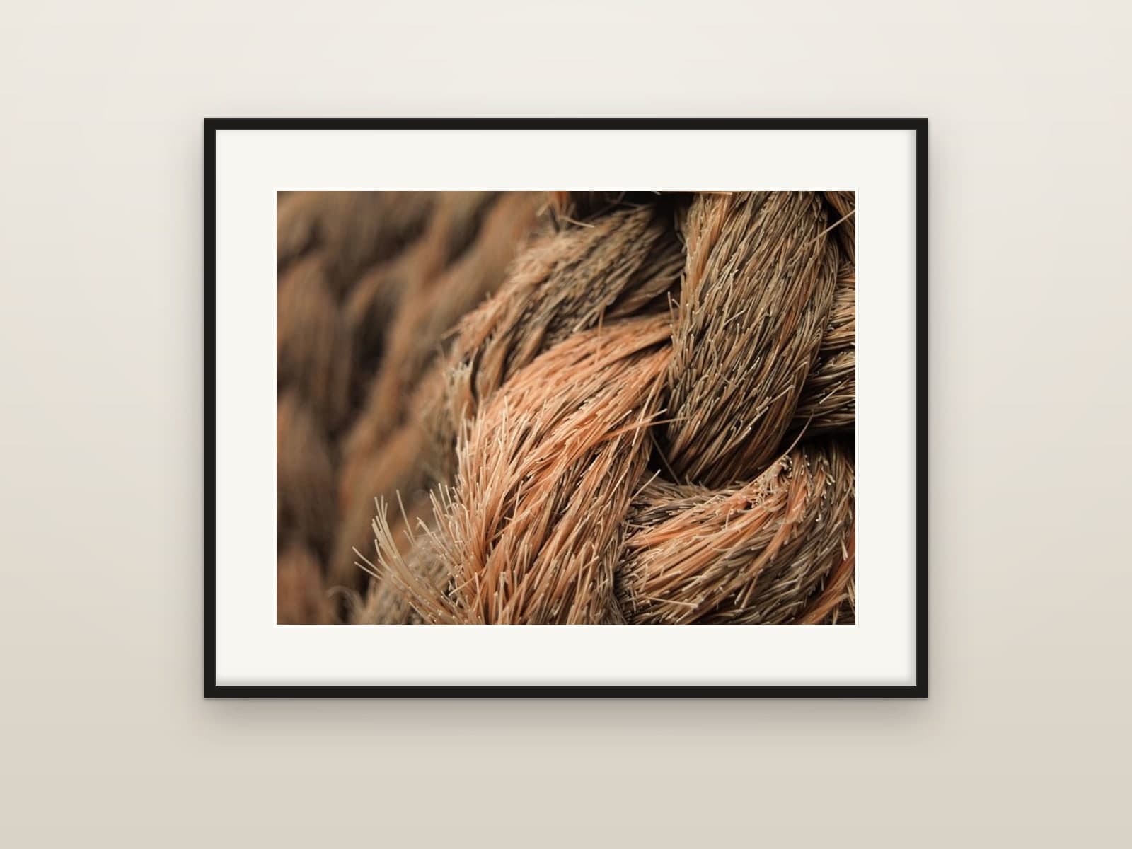 Macro detail of frayed, twisted natural-fibre rope, shown as a framed print