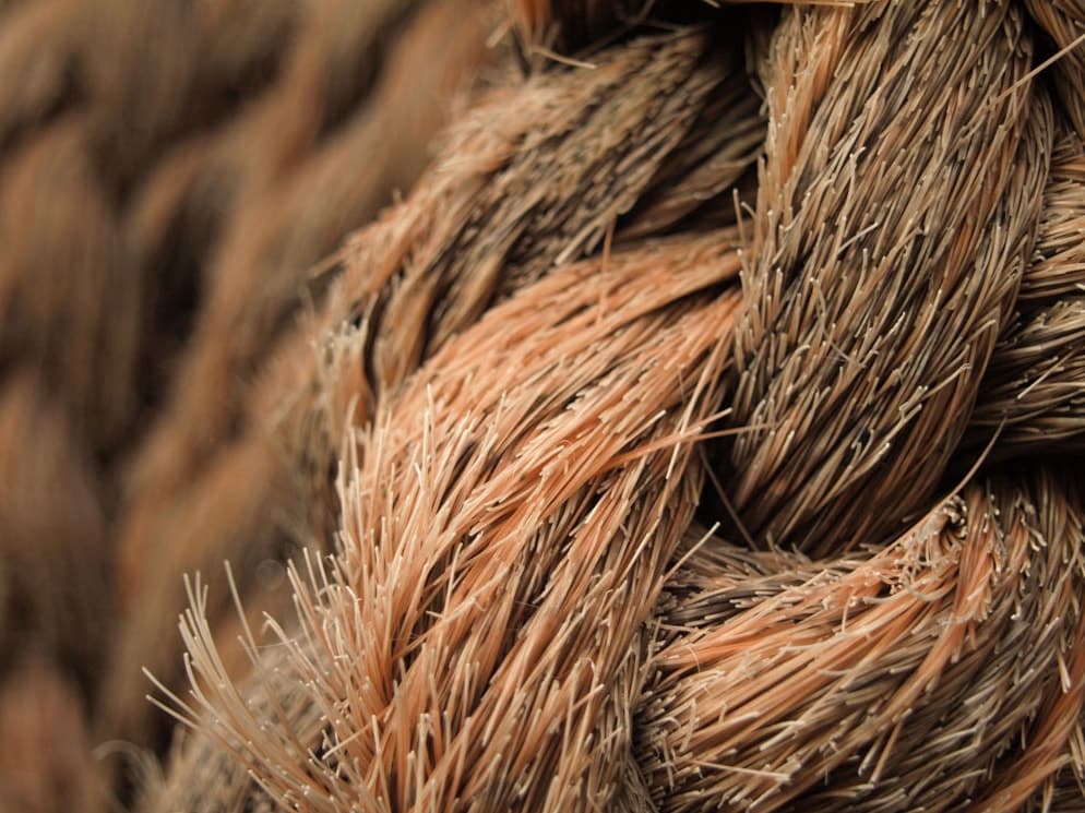 Macro detail of frayed, twisted natural-fibre rope